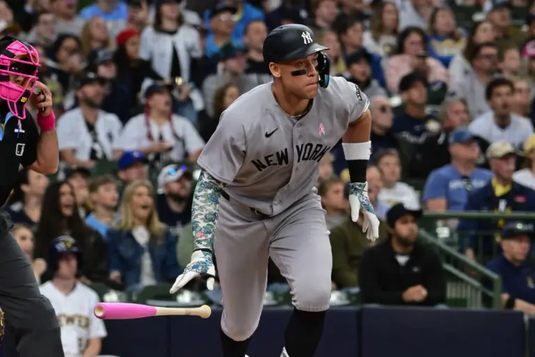 Yankees designated hitter Aaron Judge (99) watches after hitting a solo home run in the first inning against the Milwaukee Brewers at American Family Field.