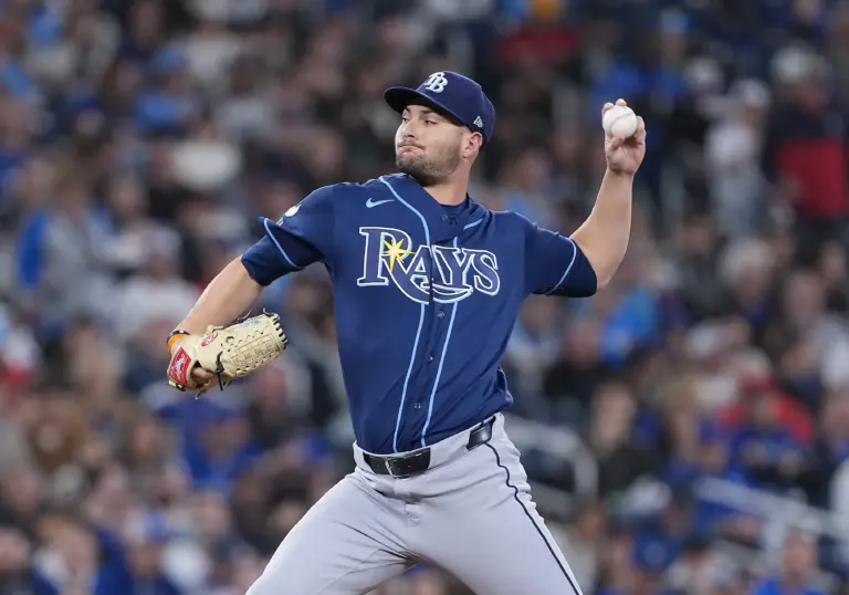 Tampa Bay Rays starting pitcher Shane McClanahan pitching against the Toronto Blue Jays during the first inning at Rogers Centre In Toronto, Ontario, Canada on May 12, 2026.