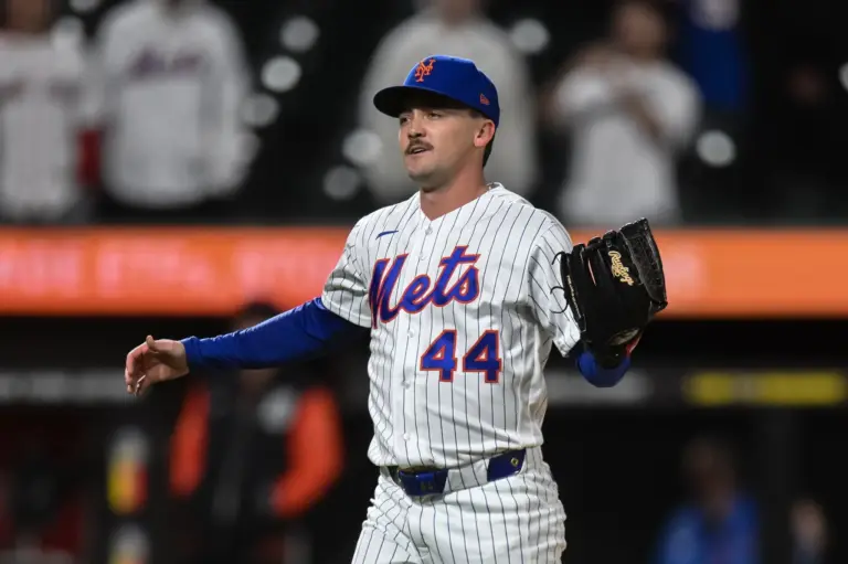 Mets pitcher Austin Warren (44) reacts after getting the game's final out against the Detroit Tigers at Citi Field.