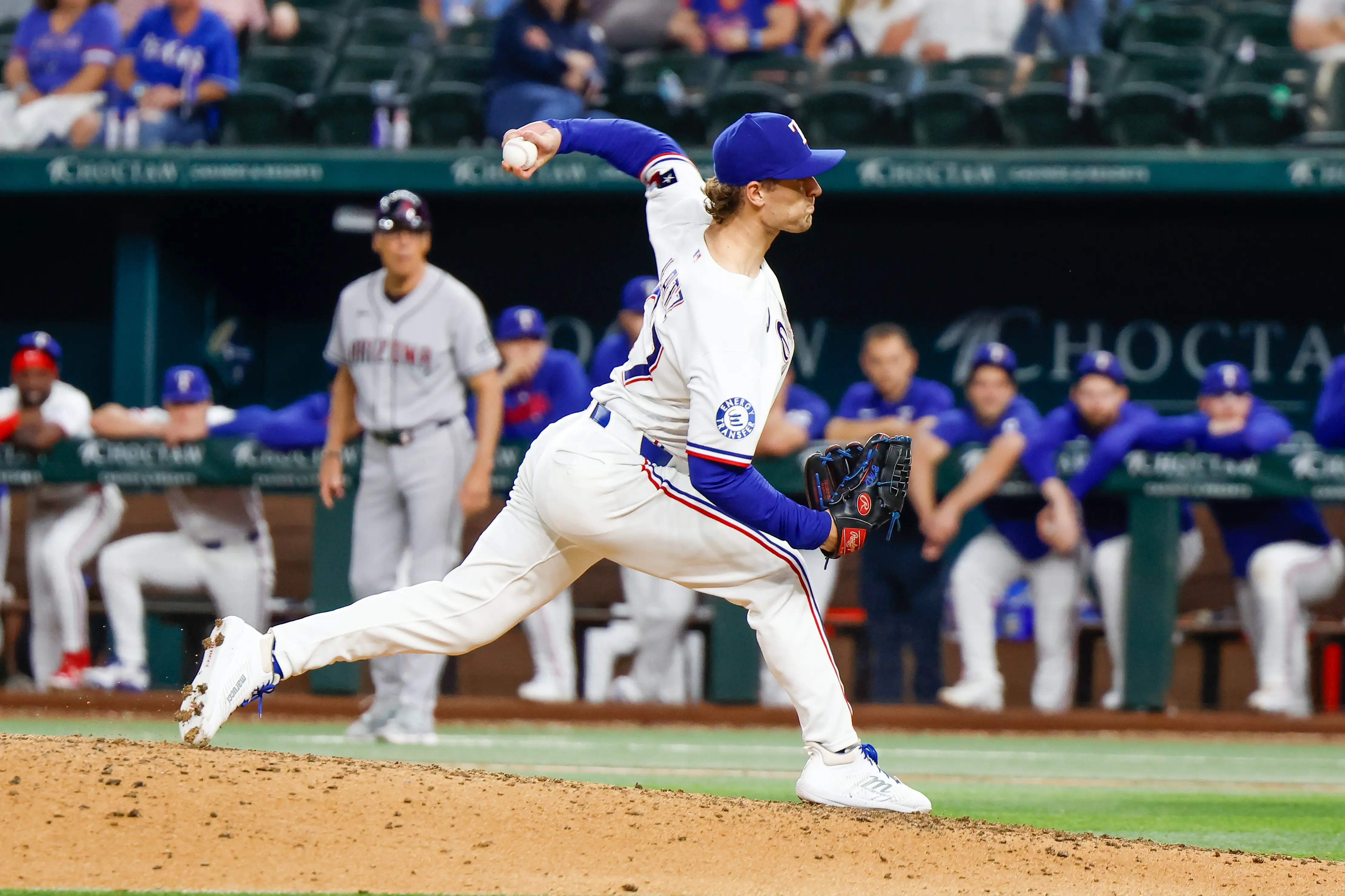 Rangers pitcher Jacob Latz (67) comes on to pitch during the ninth inning against the Arizona Diamondbacks at Globe Life Field. 