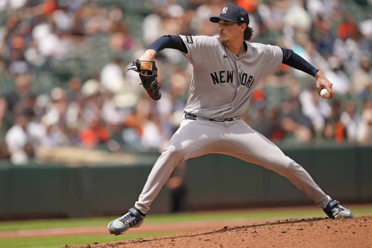 New York Yankees starting pitcher Max Fried pitching against the Baltimore Orioles during the second inning at Oriole Park at Camden Yards in Baltimore, Maryland on May 13, 2026.