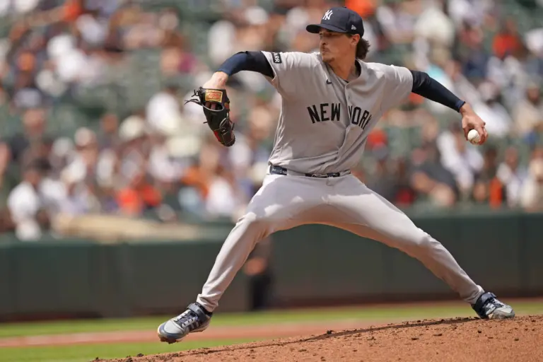 New York Yankees starting pitcher Max Fried pitching against the Baltimore Orioles during the second inning at Oriole Park at Camden Yards in Baltimore, Maryland on May 13, 2026.