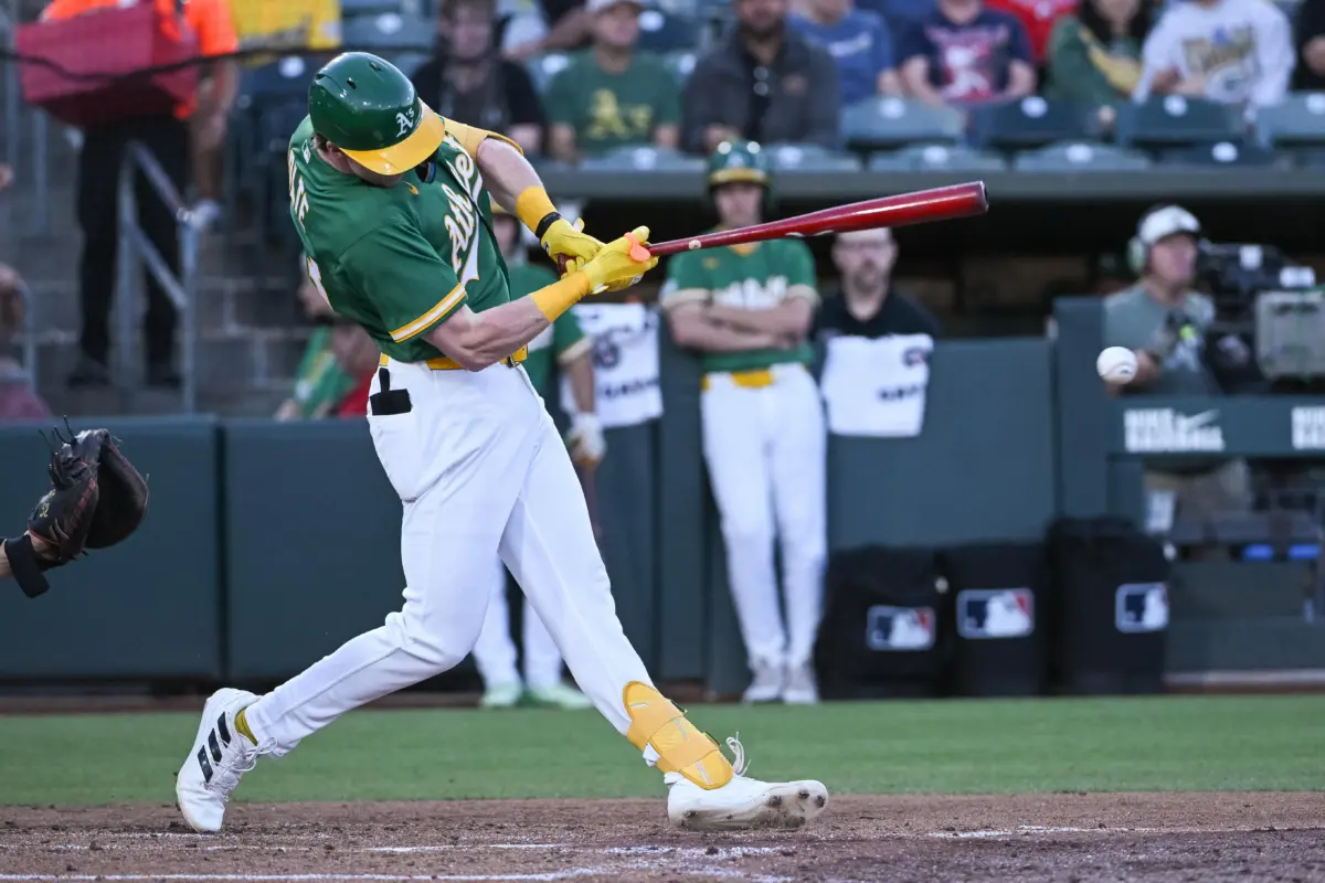 Athletics center fielder Henry Bolte hitting a single during the fourth inning against the St. Louis Cardinals at Sutter Health Park in West Sacramento, California on May 13, 2026.