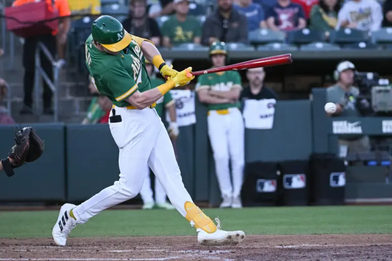 Athletics center fielder Henry Bolte hitting a single during the fourth inning against the St. Louis Cardinals at Sutter Health Park in West Sacramento, California on May 13, 2026.