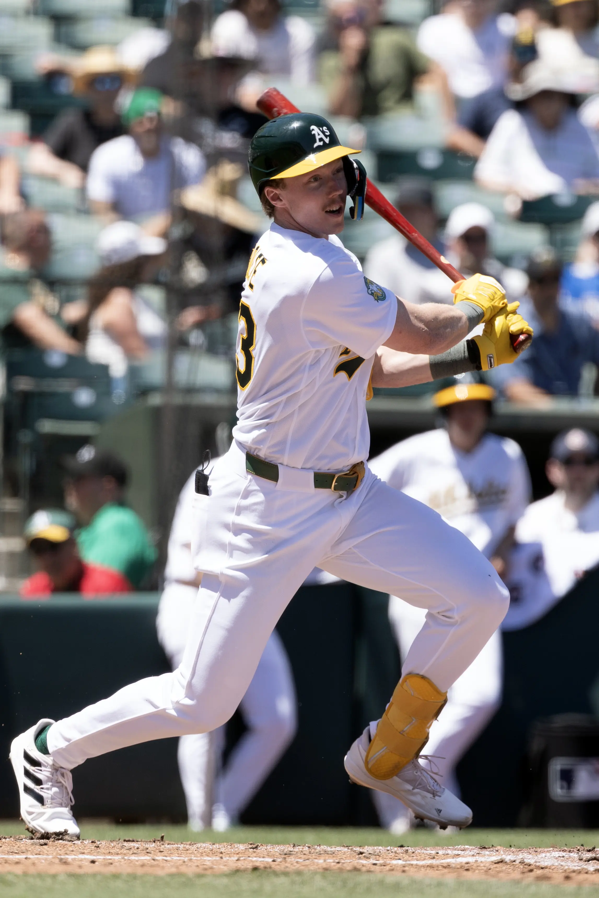 Athletics center fielder Henry Bolte during an at-bat against the St. Louis Cardinals during the fourth inning at Sutter Health Park in West Sacramento, California on May 14, 2026.