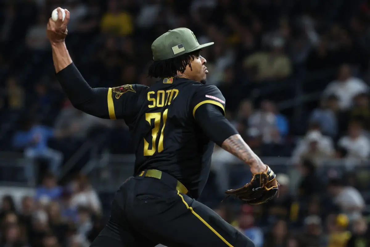Pittsburgh Pirates closer Gregory Soto pitching against the Philadelphia Phillies during the ninth inning at PNC Park in Pittsburgh, Pennsylvania on May 15, 2026.