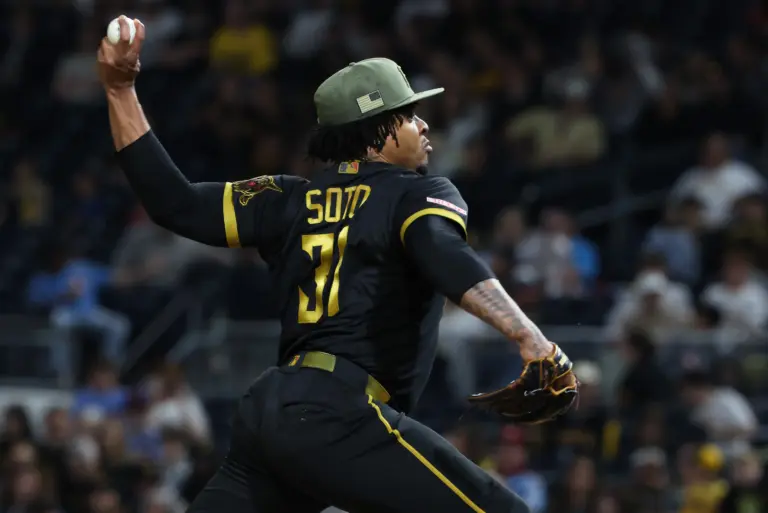Pittsburgh Pirates closer Gregory Soto pitching against the Philadelphia Phillies during the ninth inning at PNC Park in Pittsburgh, Pennsylvania on May 15, 2026.