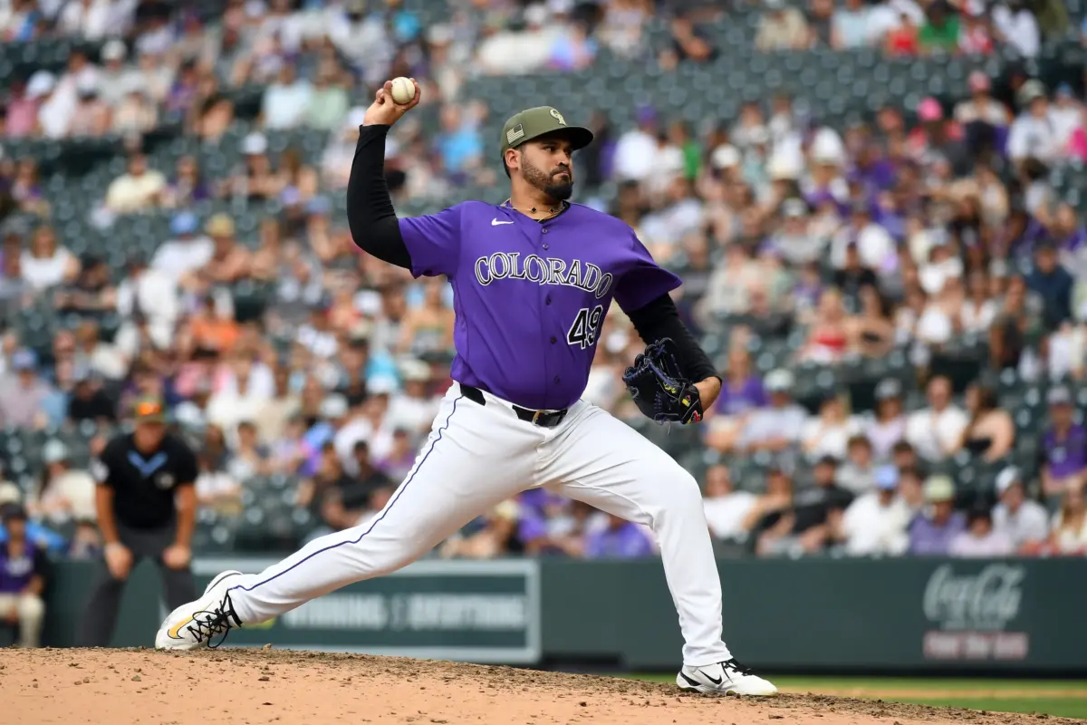 Colorado Rockies reliever Antonio Senzatela pitching against the Arizona Diamondbacks during the ninth inning at Coors Field in Denver, Colorado on May 16, 2026.