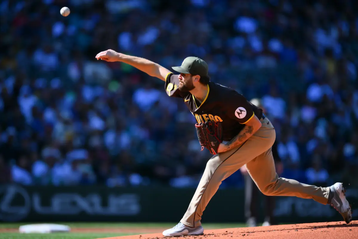 San Diego Padres starting pitcher Lucas Giolito pitching vs the Seattle Mariners during the first inning at T-Mobile Park in Seattle, Washington on May 17, 2026.