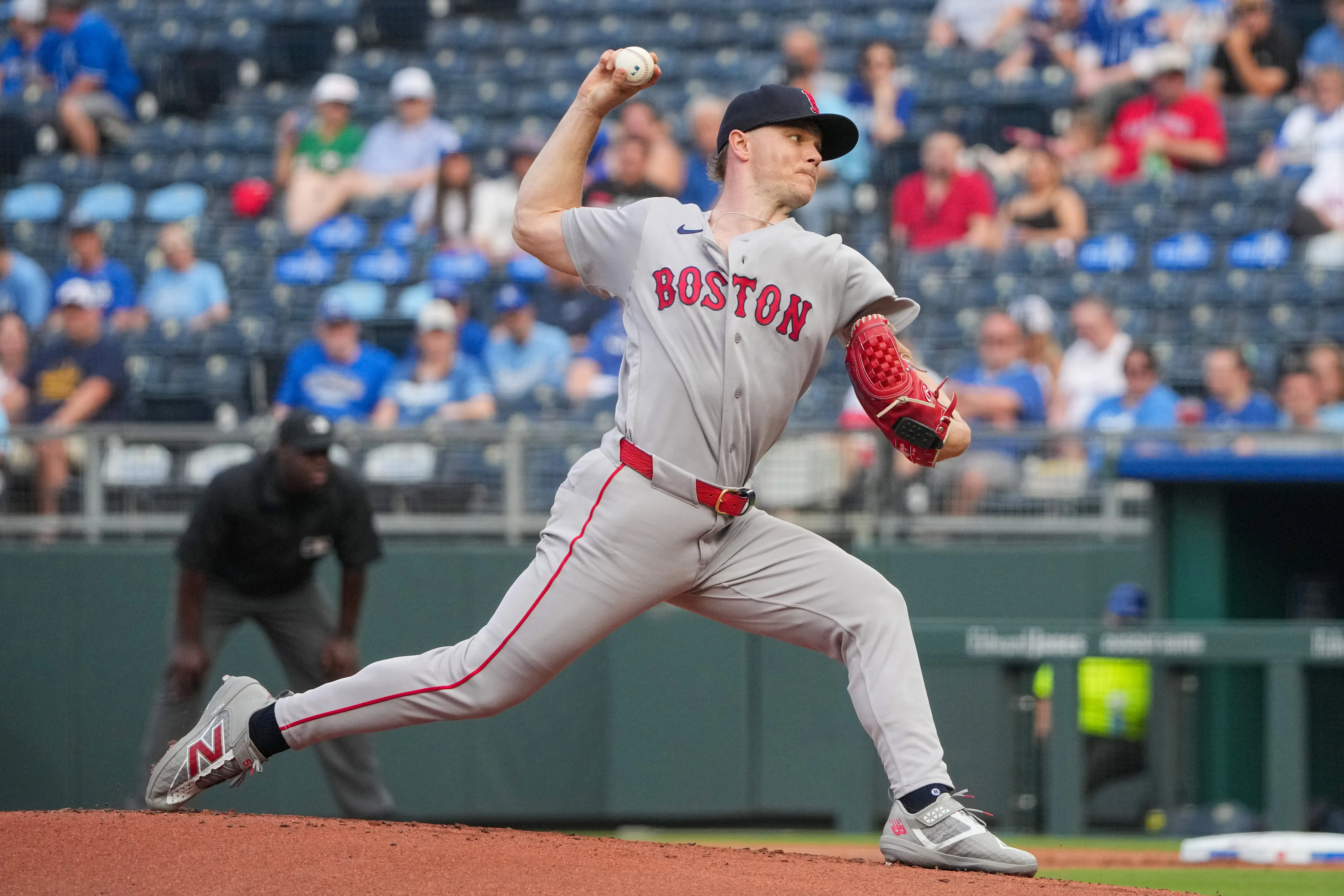 Boston Red Sox starting pitcher Sonny Gray pitching against the Kansas City Royals during the first inning at Kauffman Stadium in Kansas City, Missouri on May 18, 2026.
