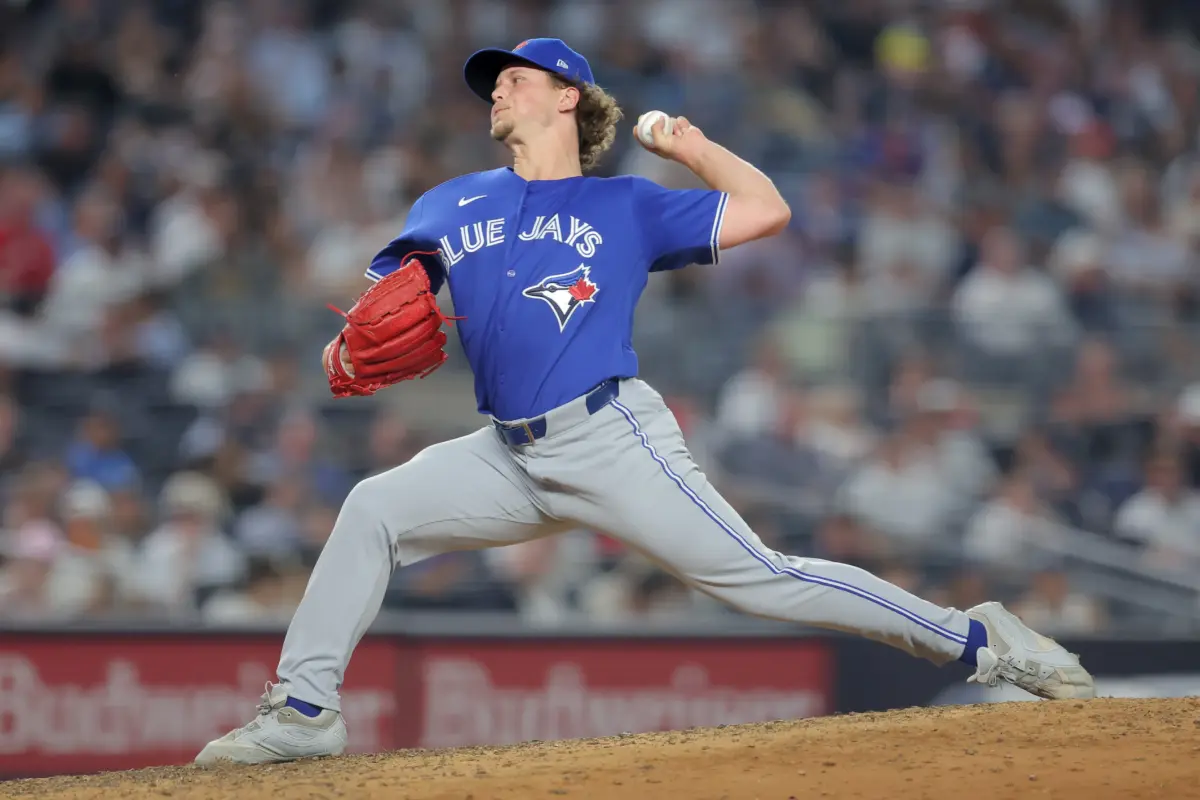 Toronto Blue Jays reliever Adam Macko pitching against the New York Yankees during the sixth inning at Yankee Stadium in Bronx, New York on May 18, 2026.
