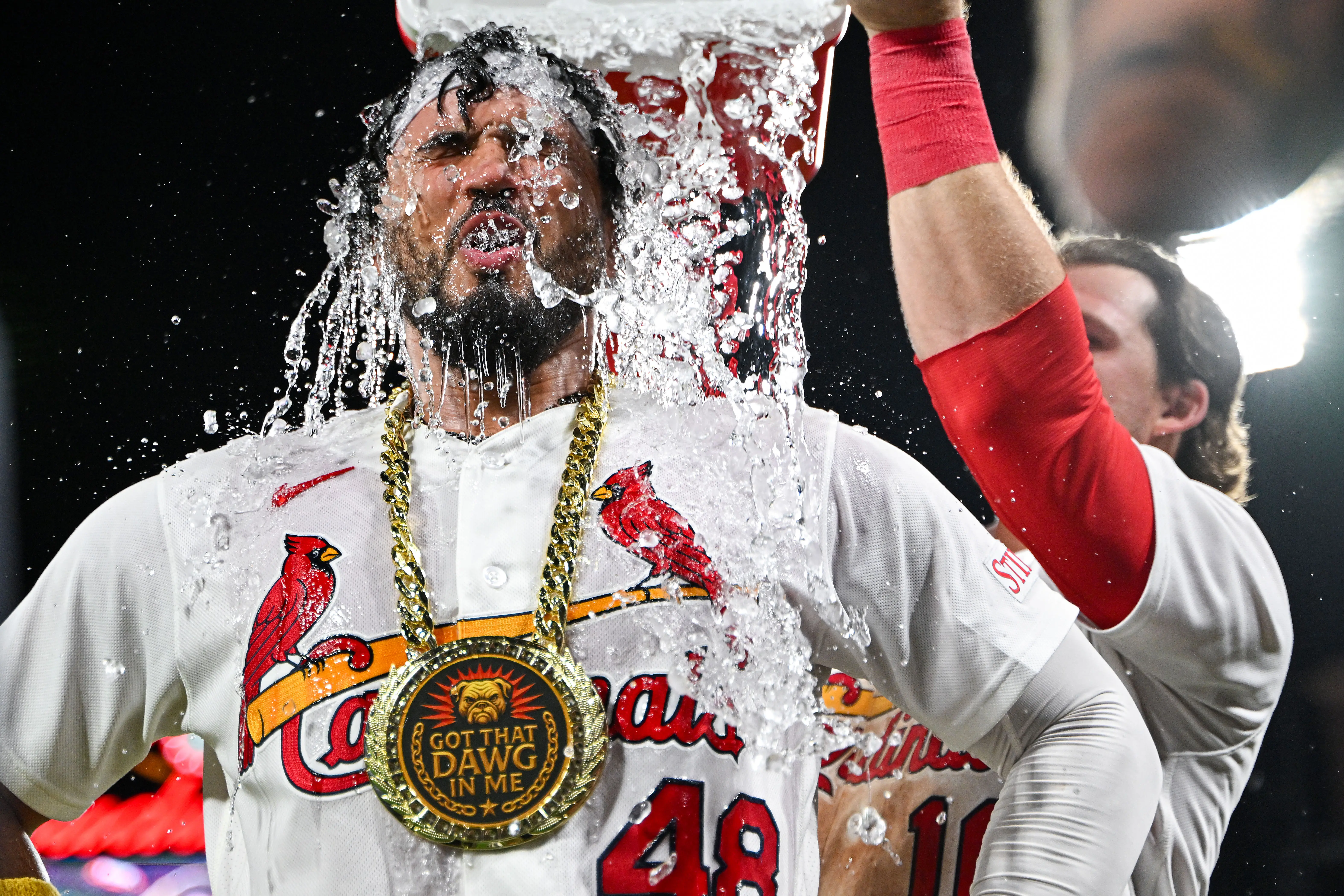 Ivan Herrera, one of our Cardinals' standouts, is doused with water following his walk-off home run against the Pirates.