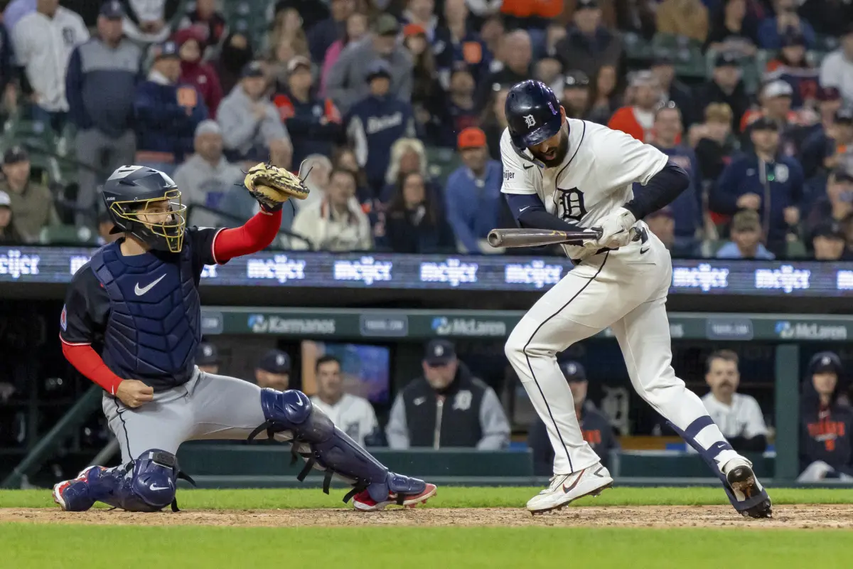 Detroit Tigers left fielder Riley Greene (31) reacts to a high inside pitch during the ninth inning at Comerica Park.