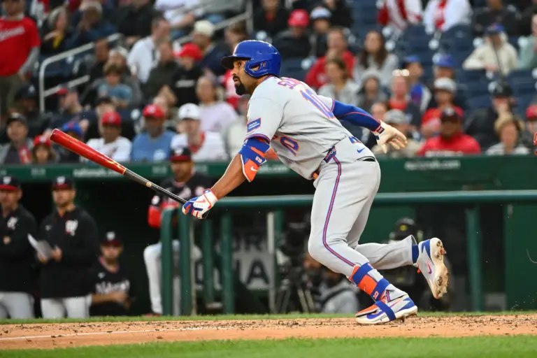 New York Mets second baseman Marcus Semien singles during the ninth inning against the Washington Nationals at Nationals Park in Washington, District of Columbia, on May 21, 2026.