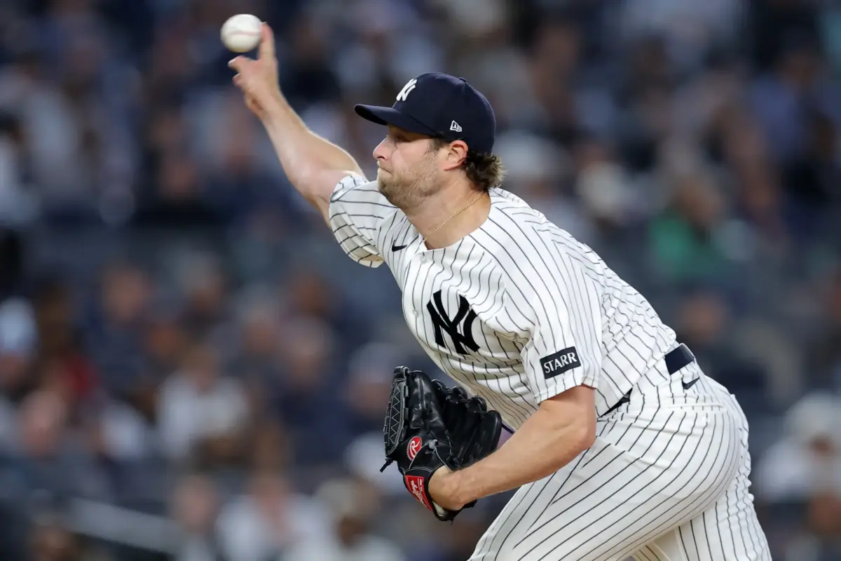 Yankees starting pitcher Gerrit Cole (45) pitches against the Tampa Bay Rays