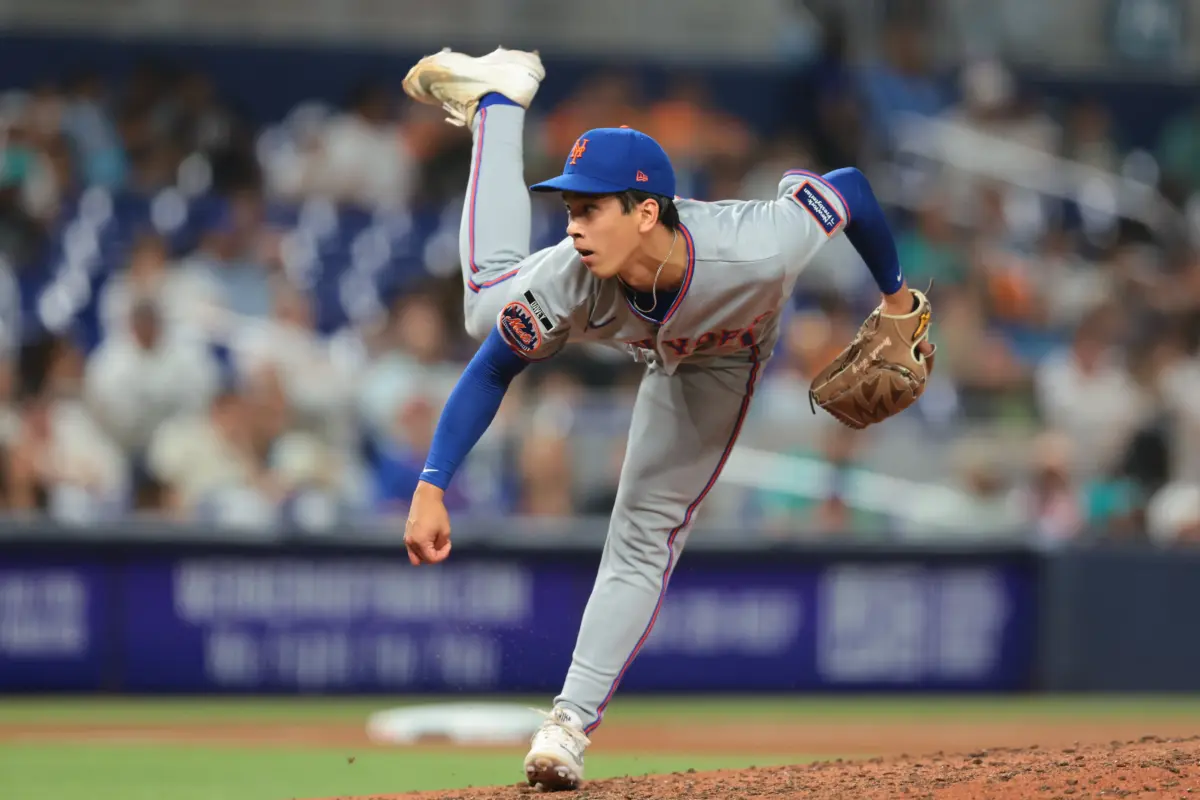 New York Mets reliever Jonah Tong pitching against the Miami Marlins during the seventh inning at loanDepot Park in Miami, Florida, on May 22, 2026.