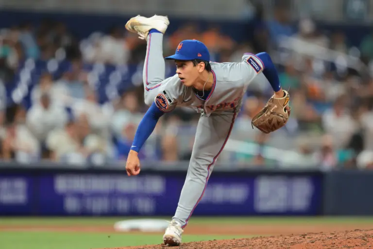 New York Mets reliever Jonah Tong pitching against the Miami Marlins during the seventh inning at loanDepot Park in Miami, Florida, on May 22, 2026.