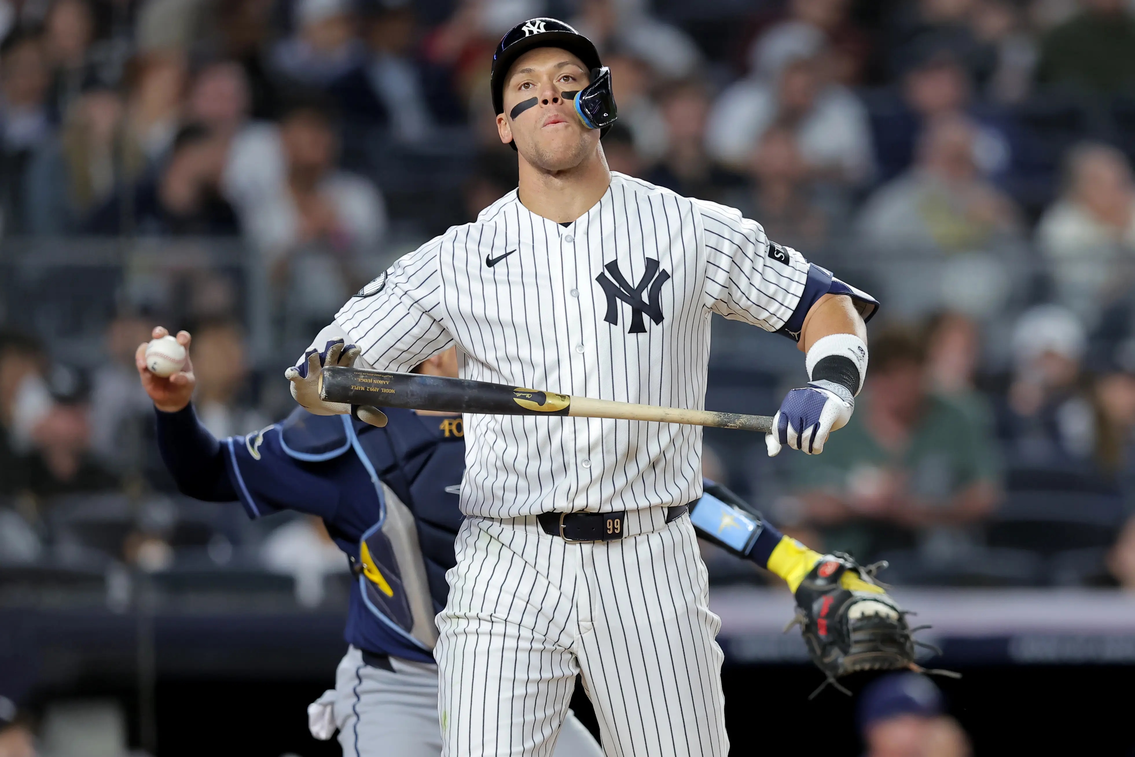 New York Yankees right fielder Aaron Judge reacting after striking out to end the seventh inning against the Tampa Bay Rays at Yankee Stadium in Bronx, New York on May 22, 2026.