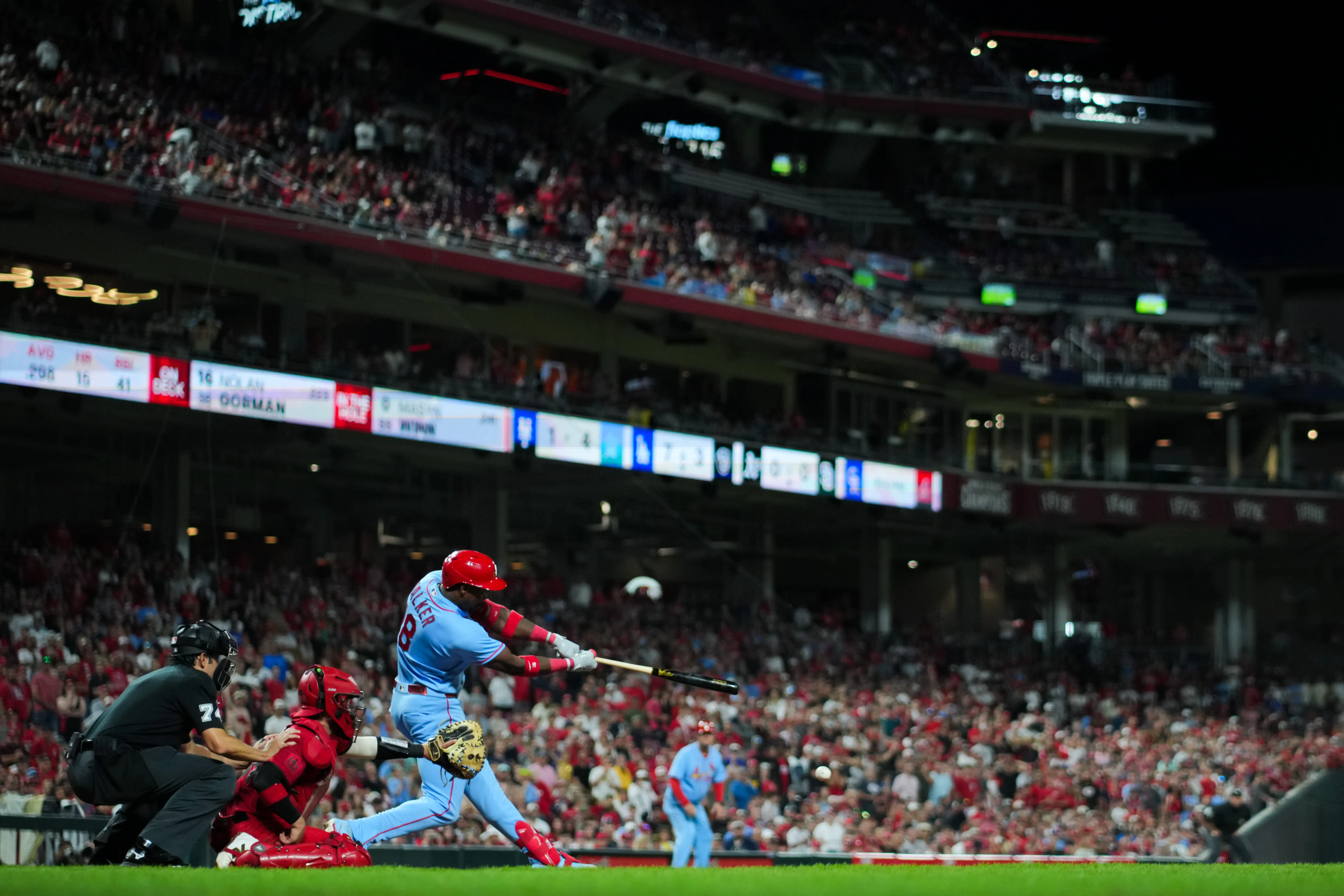 St. Louis Cardinals outfielder Jordan Walker hitting a single vs the Cincinnati Reds in the ninth inning at Great American Ball Park in Cincinnati, Ohio, on May 23, 2026.