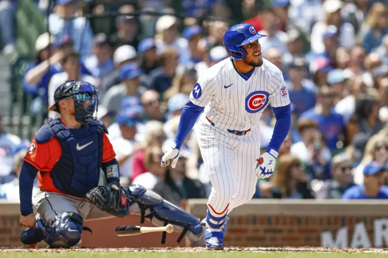 Pedro Ramirez (75), one of the Cubs' young stars, hits an RBI double at Wrigley Field in May 2026.