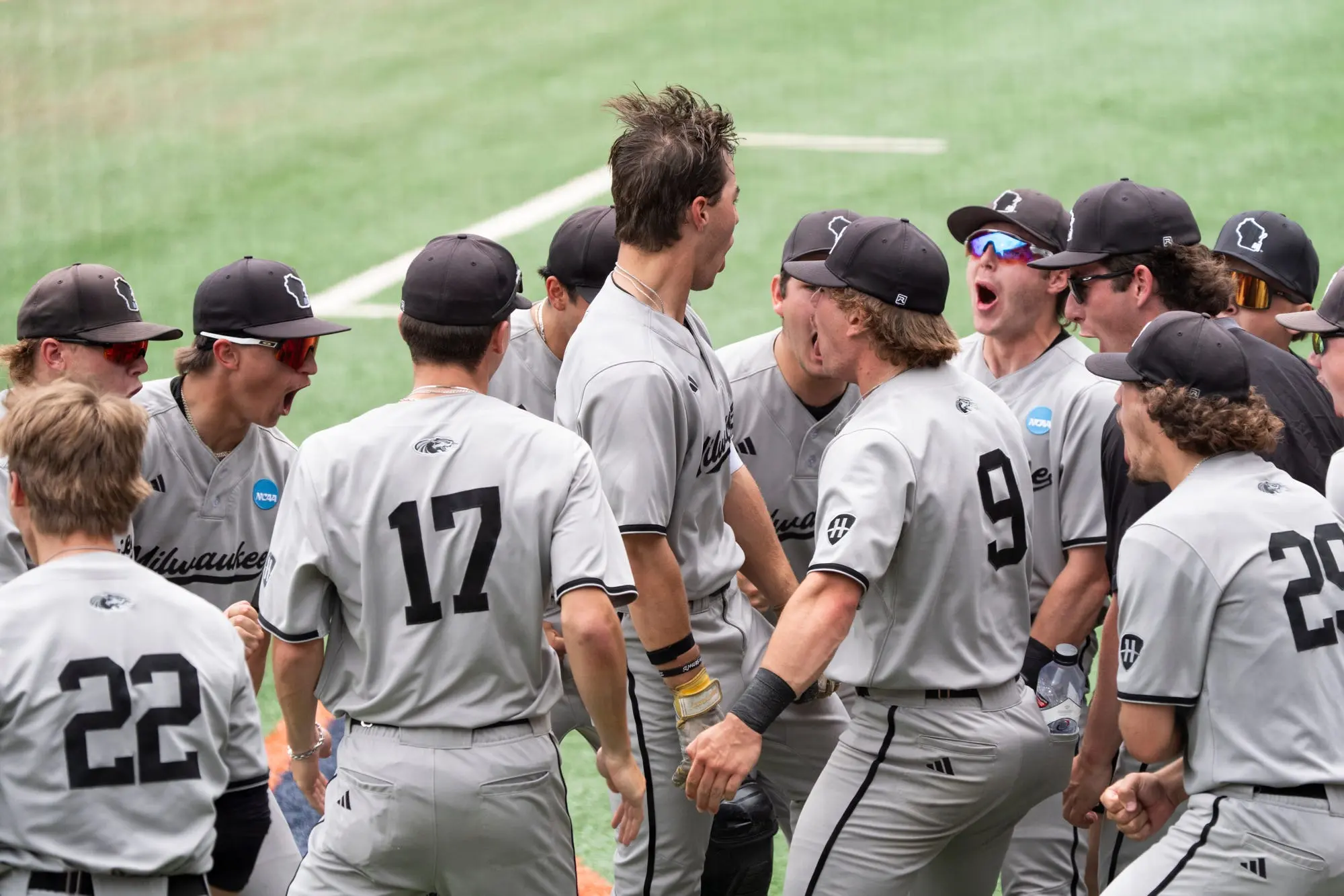 The Milwaukee Panthers celebrate with Bradyn Horn following Horn hitting a home run vs the Auburn Tigers during a massive upset in which the four seed Milwaukee Panthers beat the one-seed Auburn Tigers 13-8 at the Auburn Regional at Plainsman Park in Auburn, Alabama on May 29, 2026.