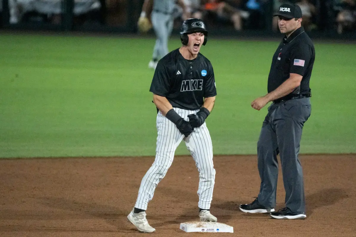 Milwaukee Panthers' Dylan O'Connell celebrates after hitting a double as the Panthers take on the UCF Knights during the NCAA regional Baseball tournament at Plainsman Park in Auburn, Alabama on Saturday, May 30, 2026.