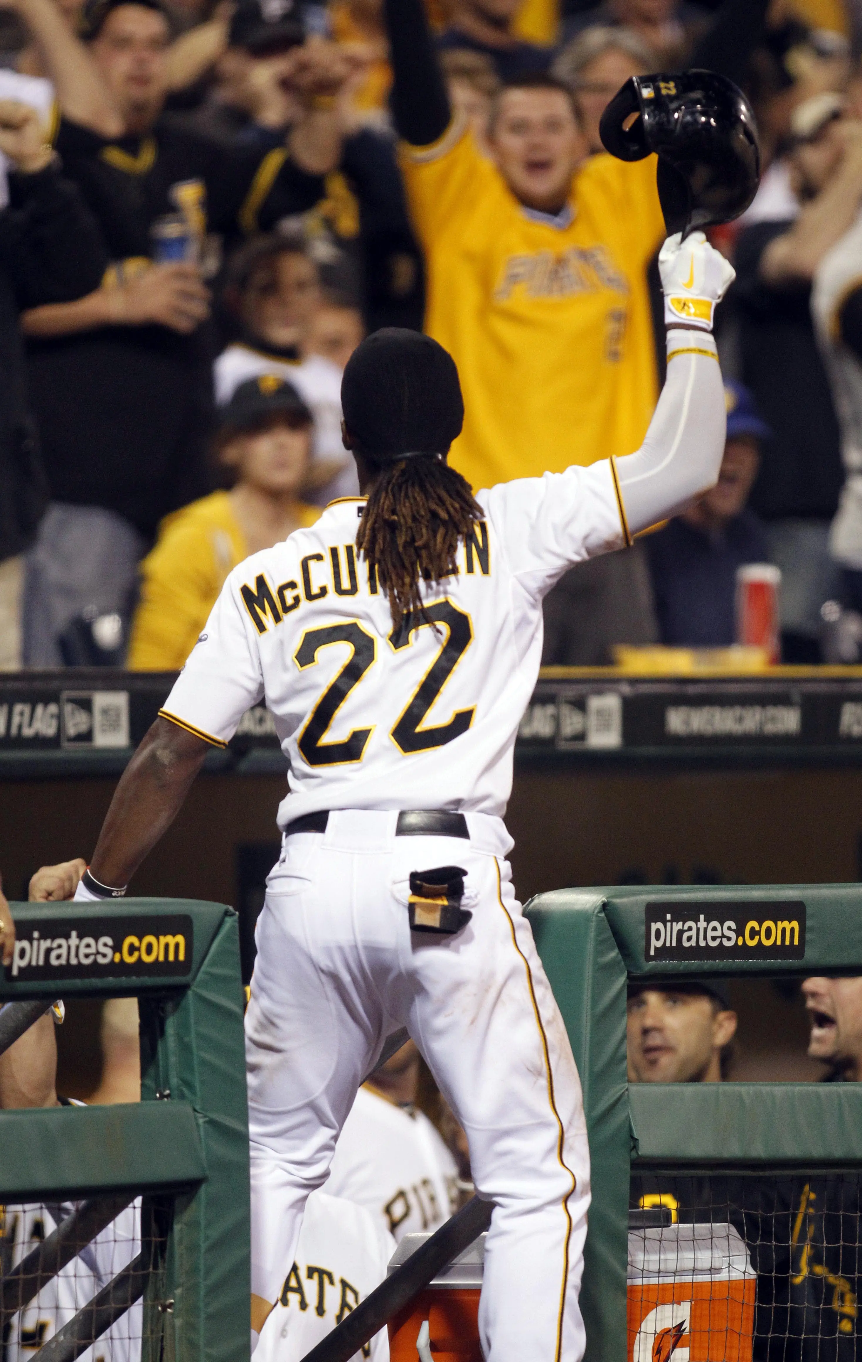 Pittsburgh Pirates center fielder Andrew McCutchen taking a curtain call after hitting a two-run home run vs the San Diego Padres in the seventh inning at PNC Park in Pittsburgh, Pennsylvania on September 18, 2013.