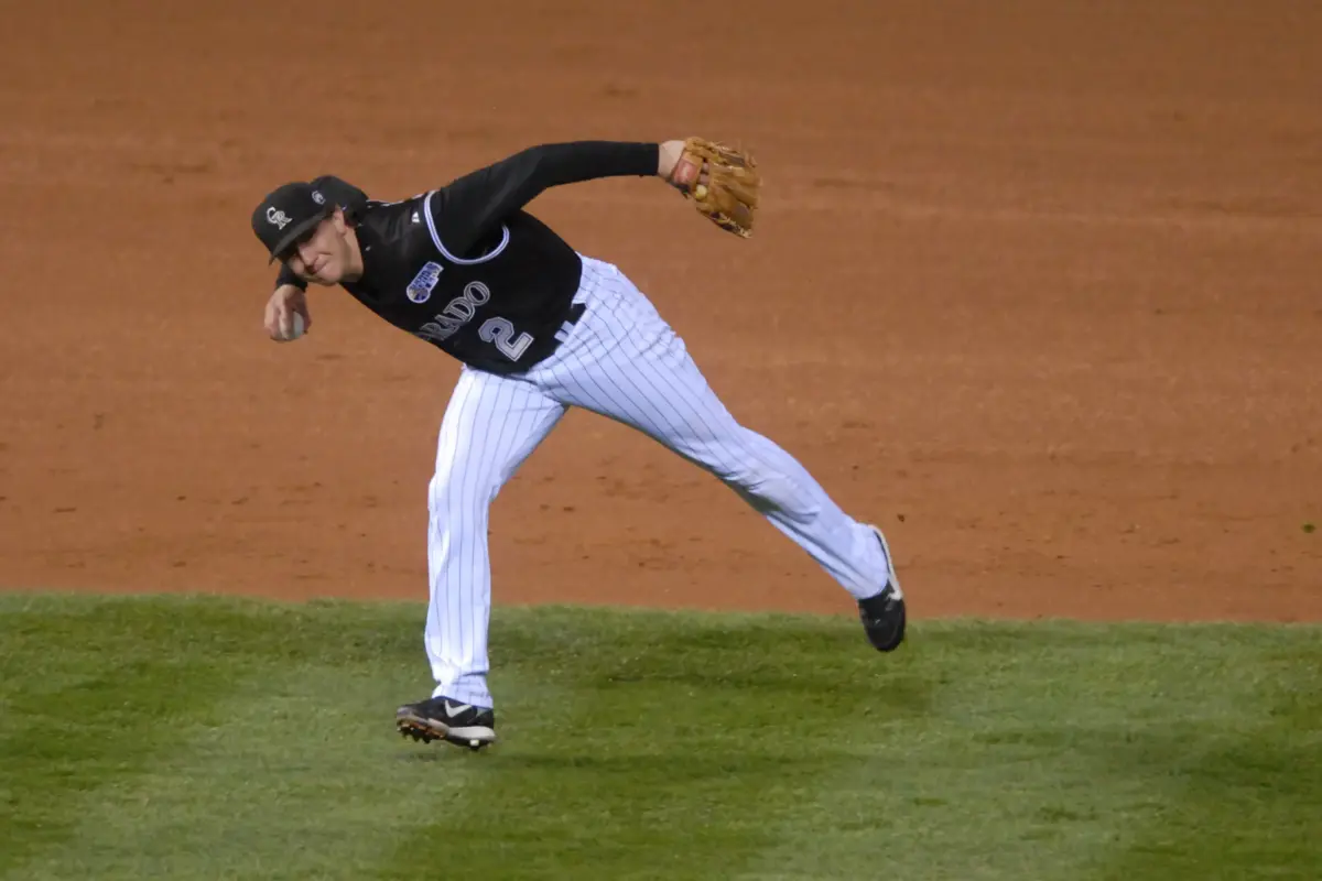 Colorado Rockies shortstop Troy Tulowitzki making an acrobatic throw to first to record an out during the second inning vs the Boston Red Sox during game three of the World Series at Coors Field in Denver, Colorado on October 27, 2007.