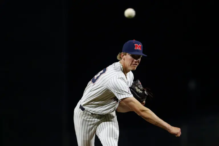 Taylor Rabe (50) pitches a ball during the Governor’s Cup played against Mississippi State University at Trustmark Park.