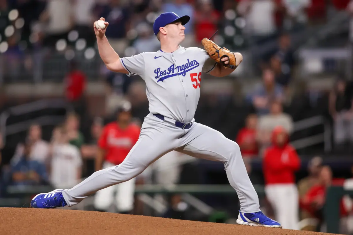 Los Angeles Dodgers reliever Evan Phillips pitching against the Atlanta Braves during the ninth inning at Truist Park in Atlanta, Georgia, on May 2, 2025.
