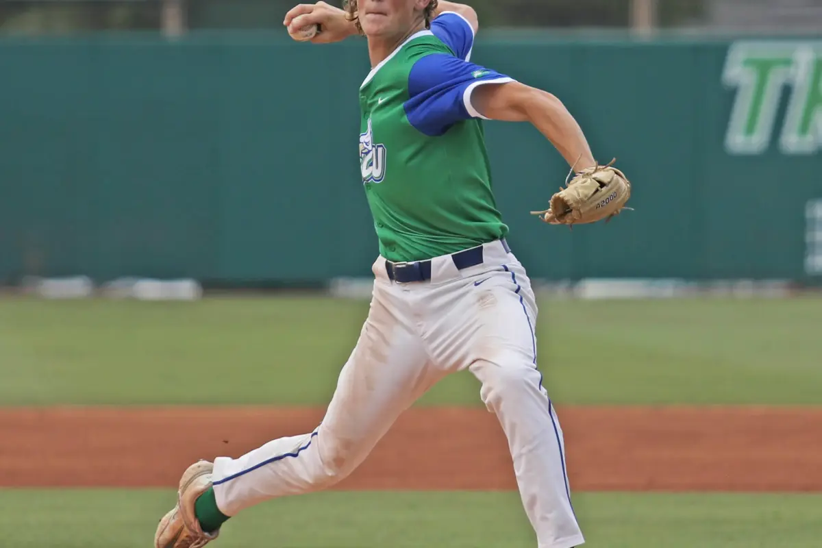 FGCU's starting pitcher Evan Dempsey pitching during the ASUN tournament finals against Stetson University on May 25, 2026 at Melching Field in DeLand.