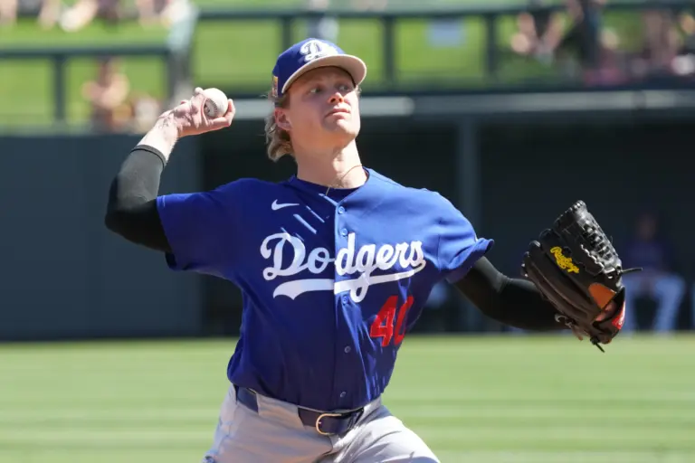 Dodgers pitcher Ryder Ryan (40) throws against the Colorado Rockies in the first inning at Salt River Fields at Talking Stick.