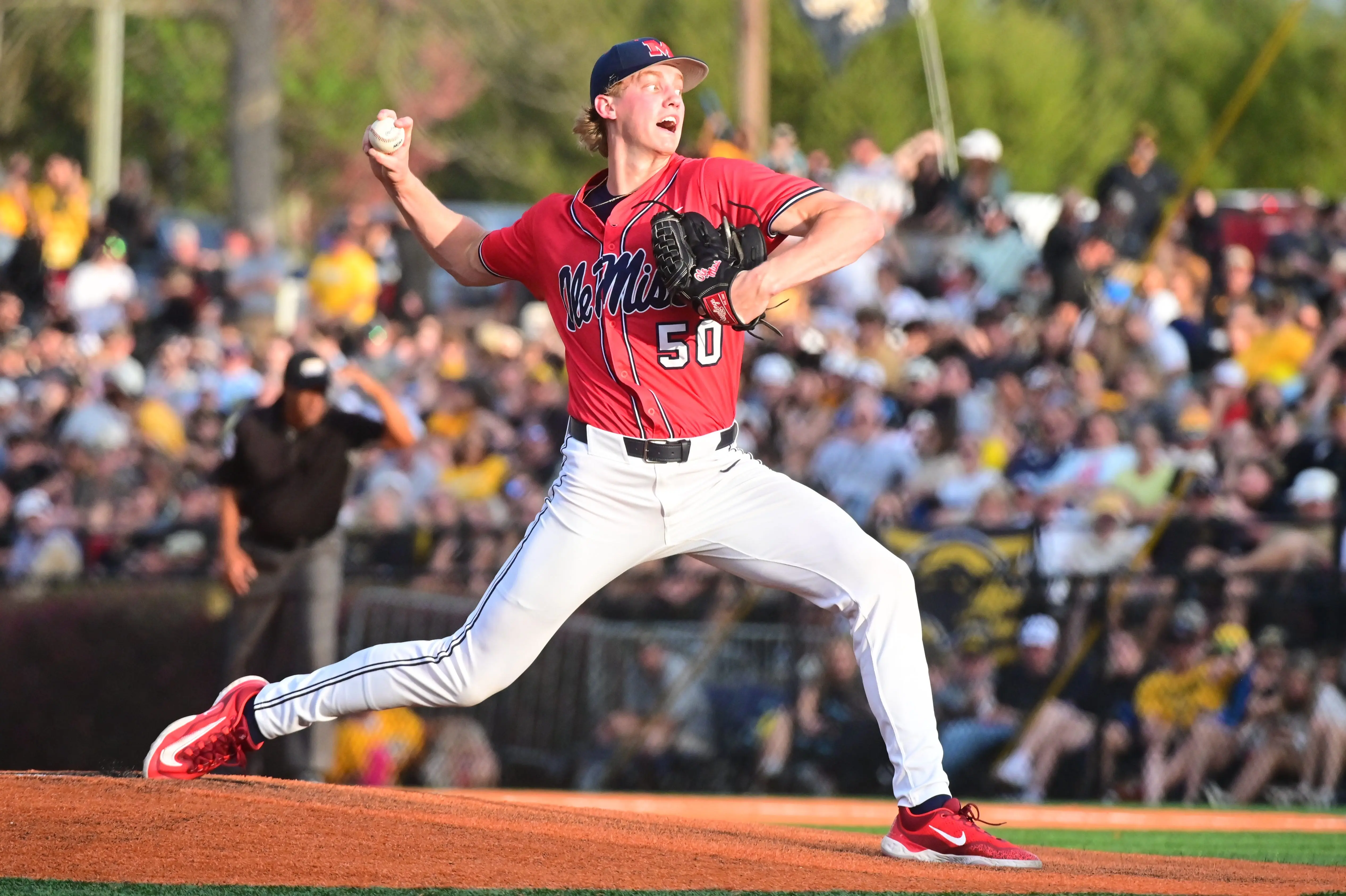 Ole Miss Rebels right-handed pitcher Taylor Rabe (50) pitches against the Southern Miss Golden Eagles at Pete Taylor Park in Hattiesburg, Miss.