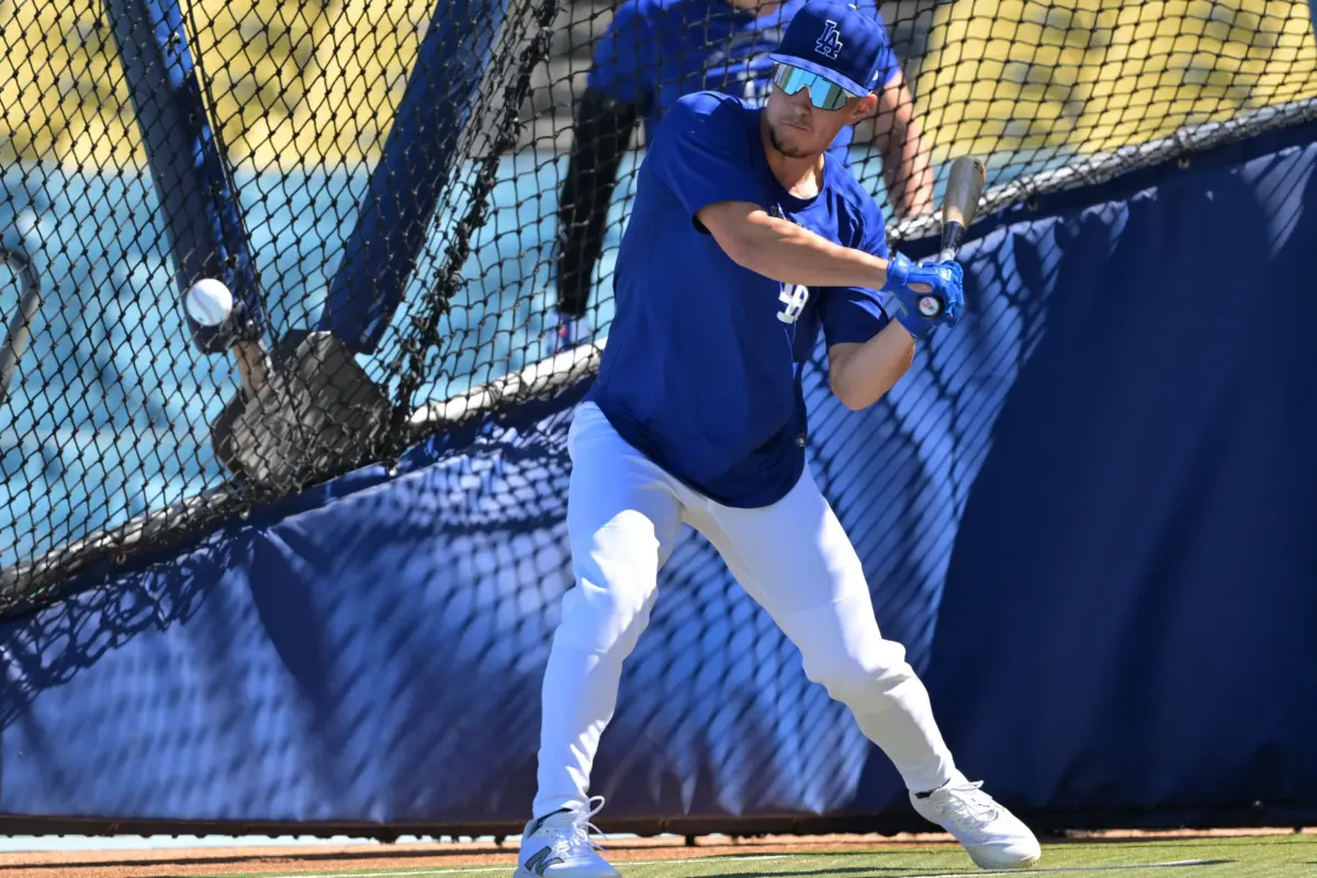 Los Angeles Dodgers' Tommy Edman taking live batting practice ahead of a game vs the Cleveland Guardians at Dodger Stadium in Los Angeles, California on April 1, 2026.