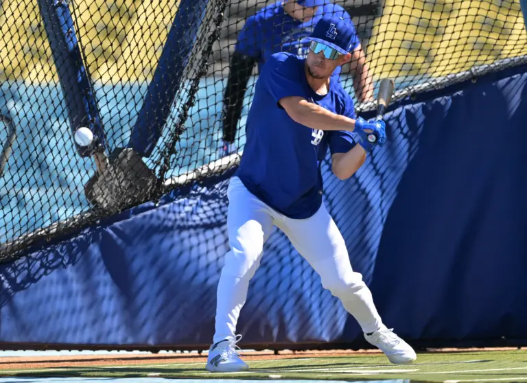 Los Angeles Dodgers' Tommy Edman taking live batting practice ahead of a game vs the Cleveland Guardians at Dodger Stadium in Los Angeles, California on April 1, 2026.