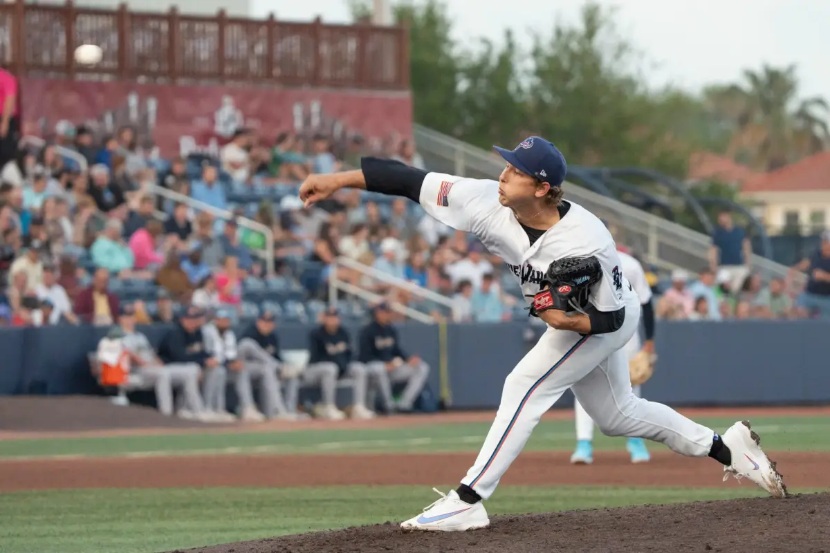 Starter Karson Milbrandt (30) pitches against the Biscuits during the Montgomery vs Pensacola baseball game on opening night in Pensacola on April 3, 2026.