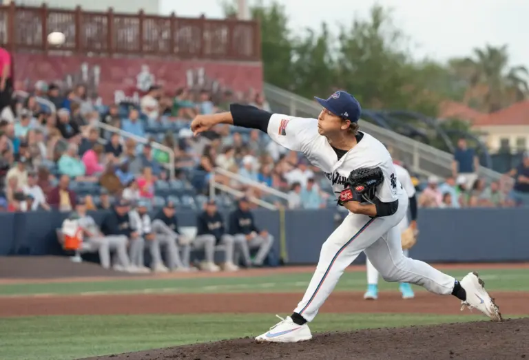 Starter Karson Milbrandt (30) pitches against the Biscuits during the Montgomery vs Pensacola baseball game on opening night in Pensacola on April 3, 2026.