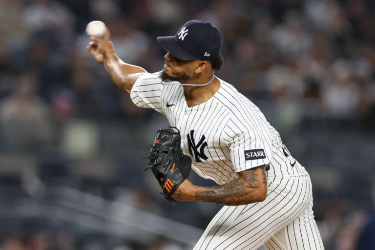 Yankees pitcher Camilo Doval (75) delivers a pitch during the eighth inning against the Baltimore Orioles at Yankee Stadium.