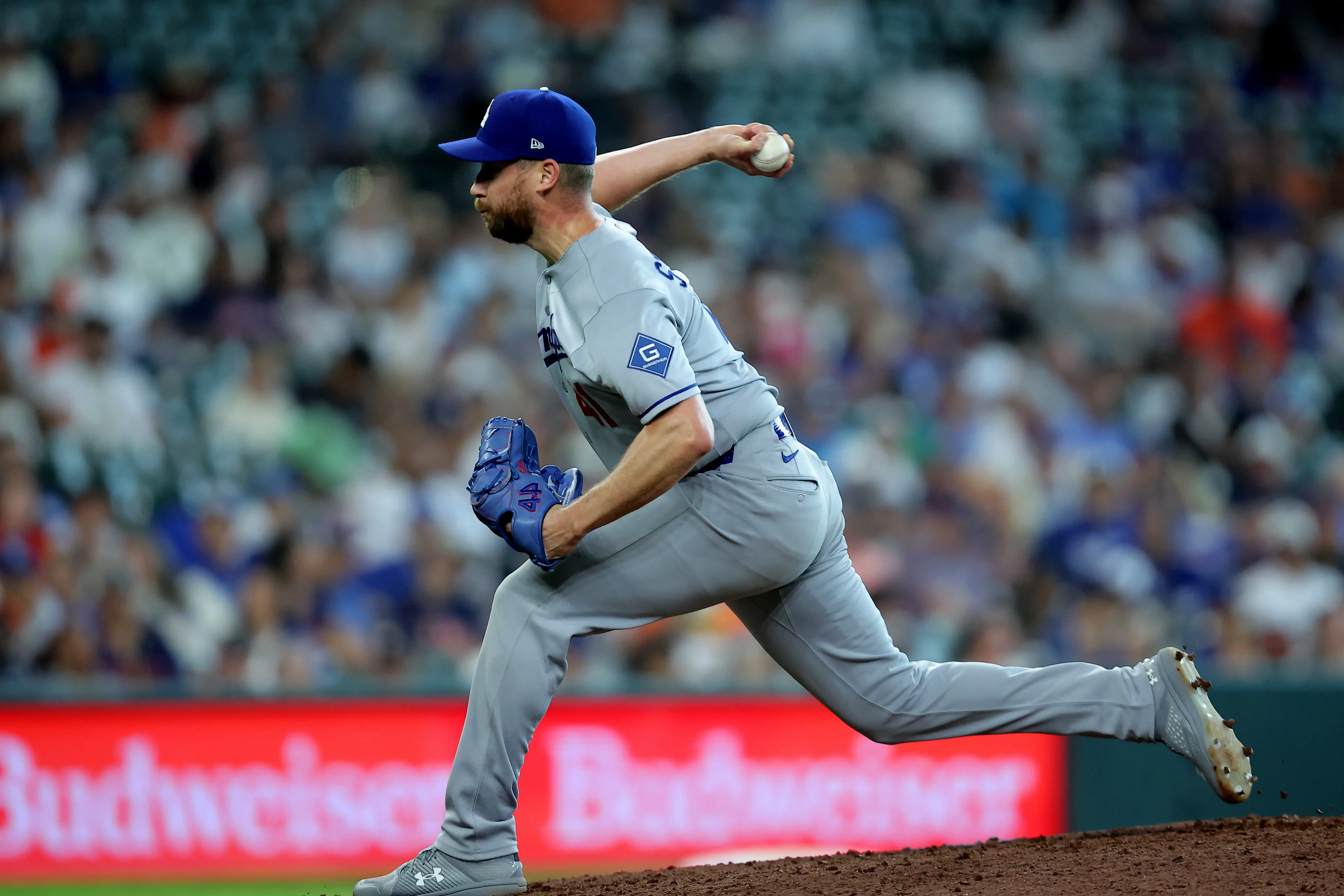 Los Angeles Dodgers reliever Brock Stewart pitching during the ninth inning vs the Houston Astros at Daikin Park in Houston, Texas on May 6, 2026.