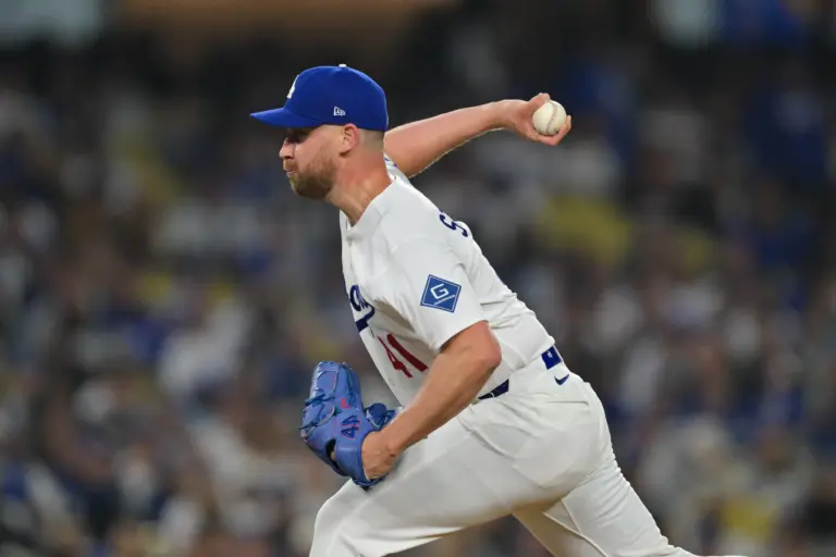 Los Angeles Dodgers reliever Brock Stewart pitching during the eighth inning vs the Atlanta Braves at Dodger Stadium in Los Angeles, California on May 8, 2026.