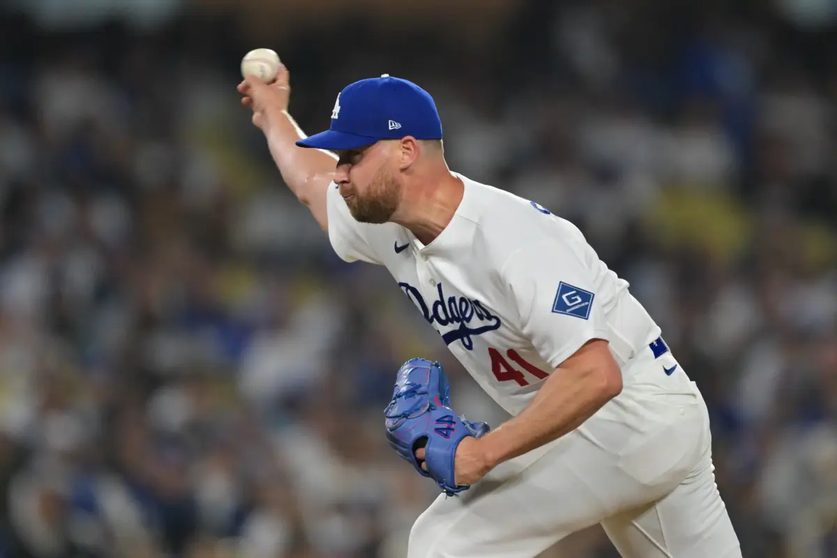 Dodgers pitcher Brock Stewart (41) pitches during the eighth inning against the Atlanta Braves at Dodger Stadium.