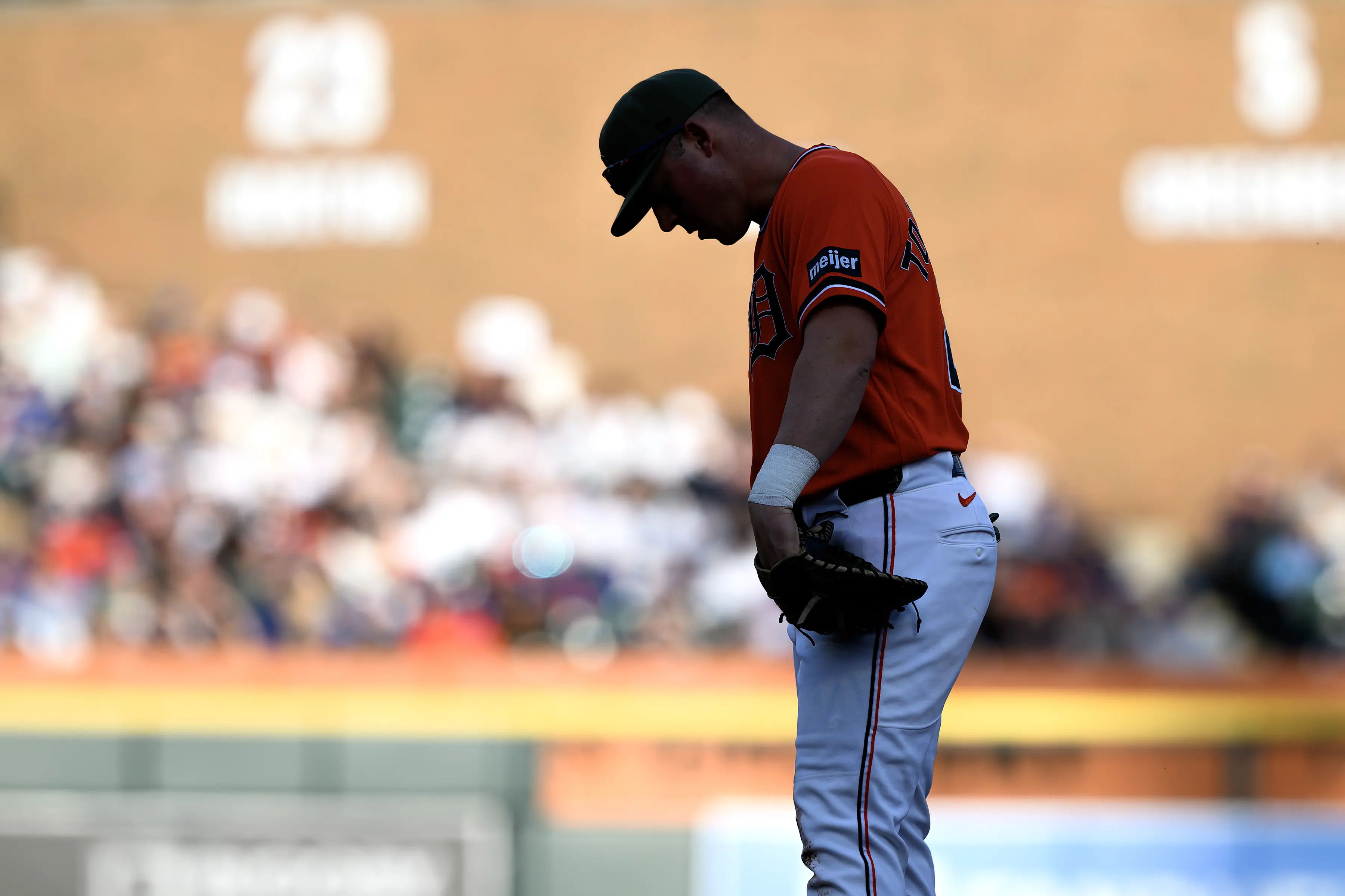 Detroit Tigers first baseman Spencer Torkelson looks down at the ground after coming up empty on a diving attempt to stop a line drive by Toronto Blue Jays shortstop Andrés Gimenez in the second inning at Comerica Park in Detroit, Michigan on May 15, 2026.