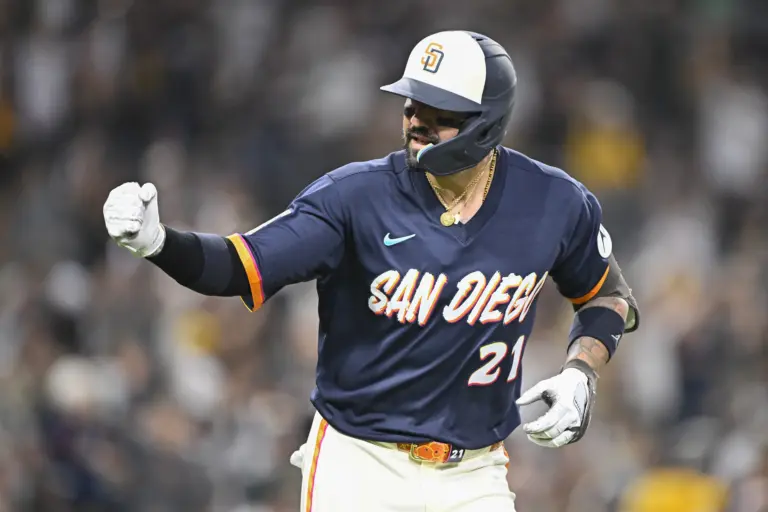 Padres right fielder Nick Castellanos (21) pumps his fist after hitting a solo home run during the fifth inning against the Athletics at Petco Park.