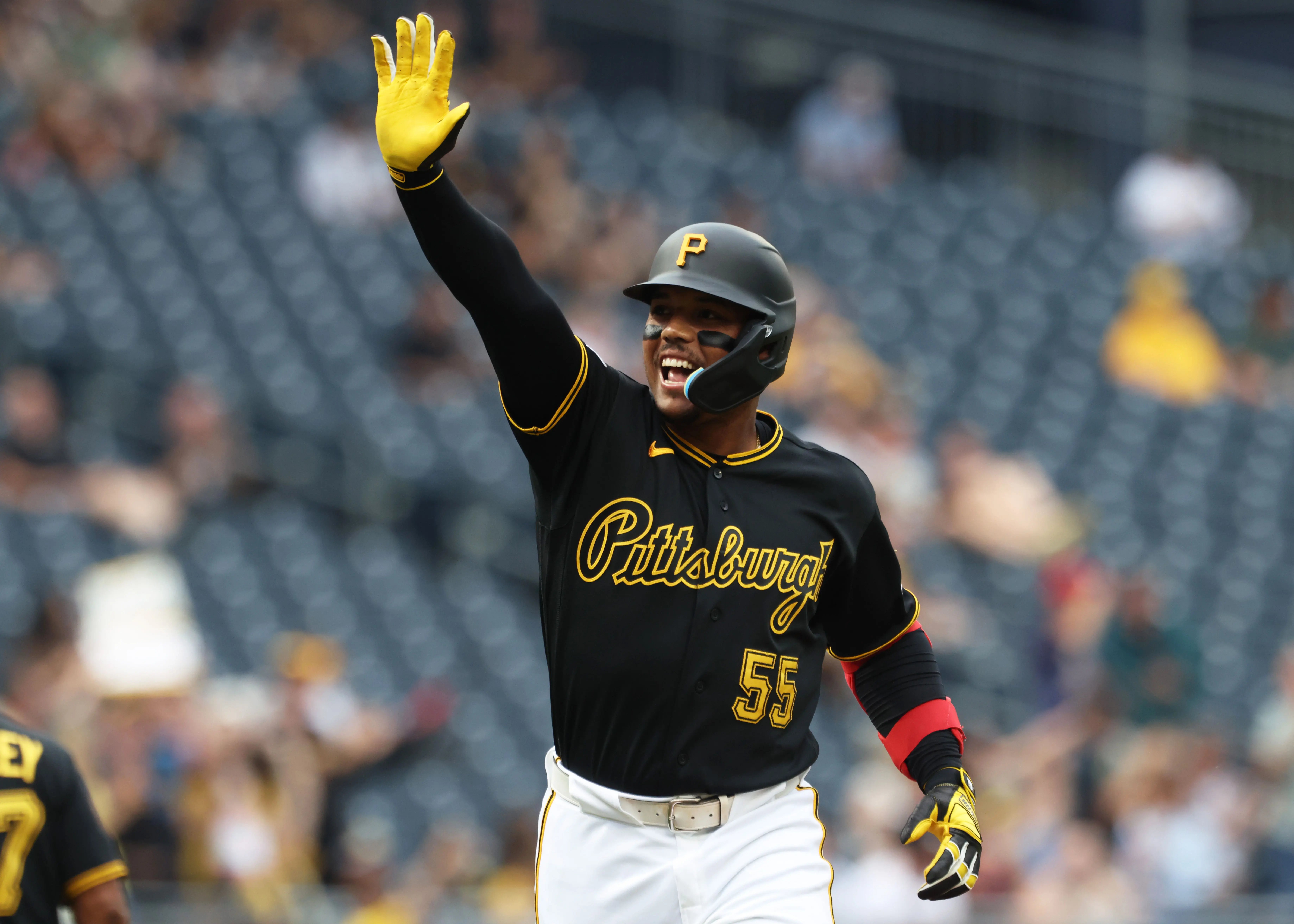 Pirates right fielder Esmerlyn Valdez (55) gestures as he circles the bases on a two run home run against the Chicago Cubs during the first inning at PNC Park.