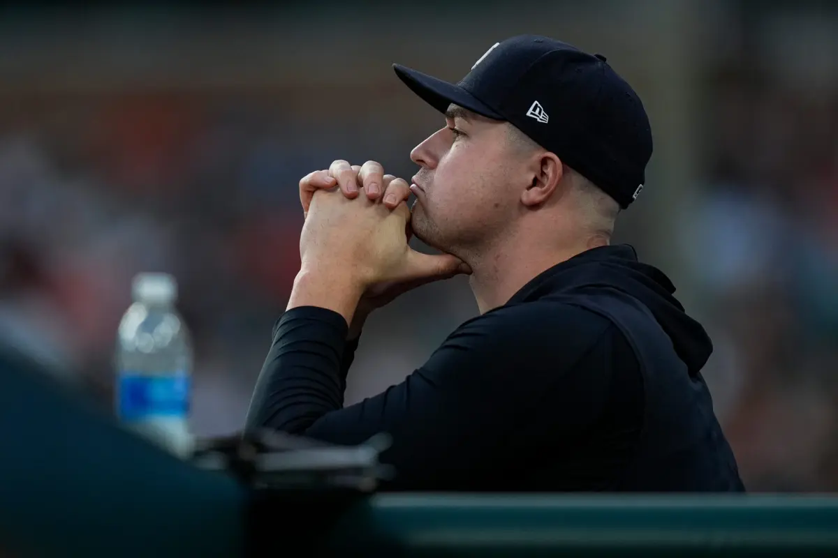 Detroit Tigers pitcher Tarik Skubal watches a play during the seventh inning between the Detroit Tigers and Los Angeles Angels at Comerica Park in Detroit, Michigan on May 27, 2026.