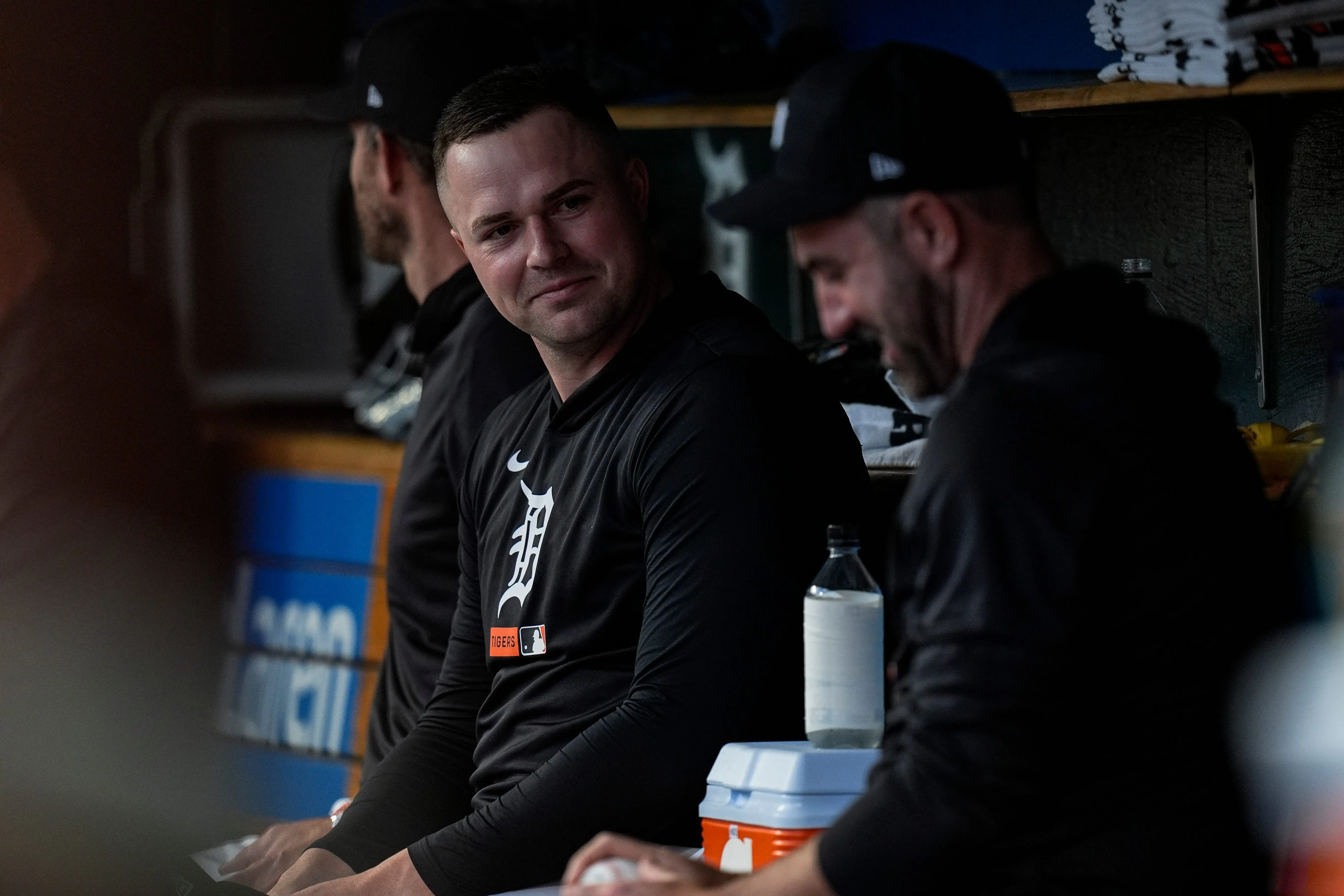 Detroit Tigers starting pitcher Tarik Skubal talks to fellow starting pitcher Justin Verlander in the dugout during the fifth inning between the Detroit Tigers and Los Angeles Angels at Comerica Park in Detroit, Michigan on May 27, 2026.