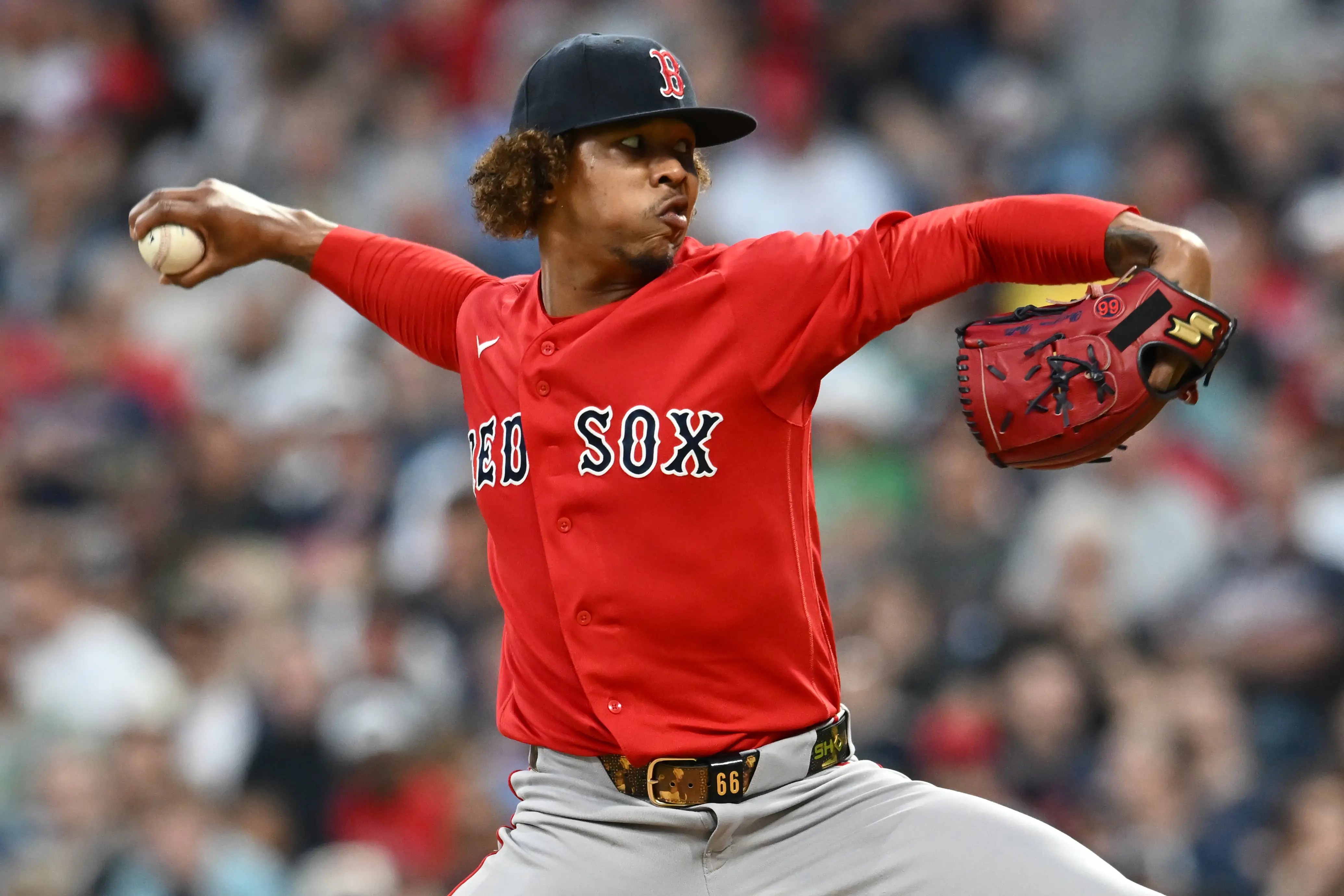 Boston Red Sox pitcher Brayan Bello pitching vs the Cleveland Guardians during the sixth inning at Progressive Field in Cleveland, Ohio on May 29, 2026.