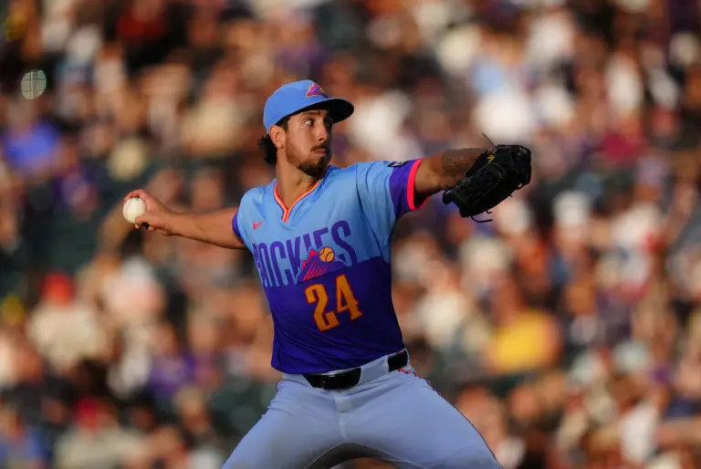 Colorado Rockies starting pitcher Michael Lorenzen pitching during the third inning vs the San Francisco Giants at Coors Field in Denver, Colorado on May 29, 2026.