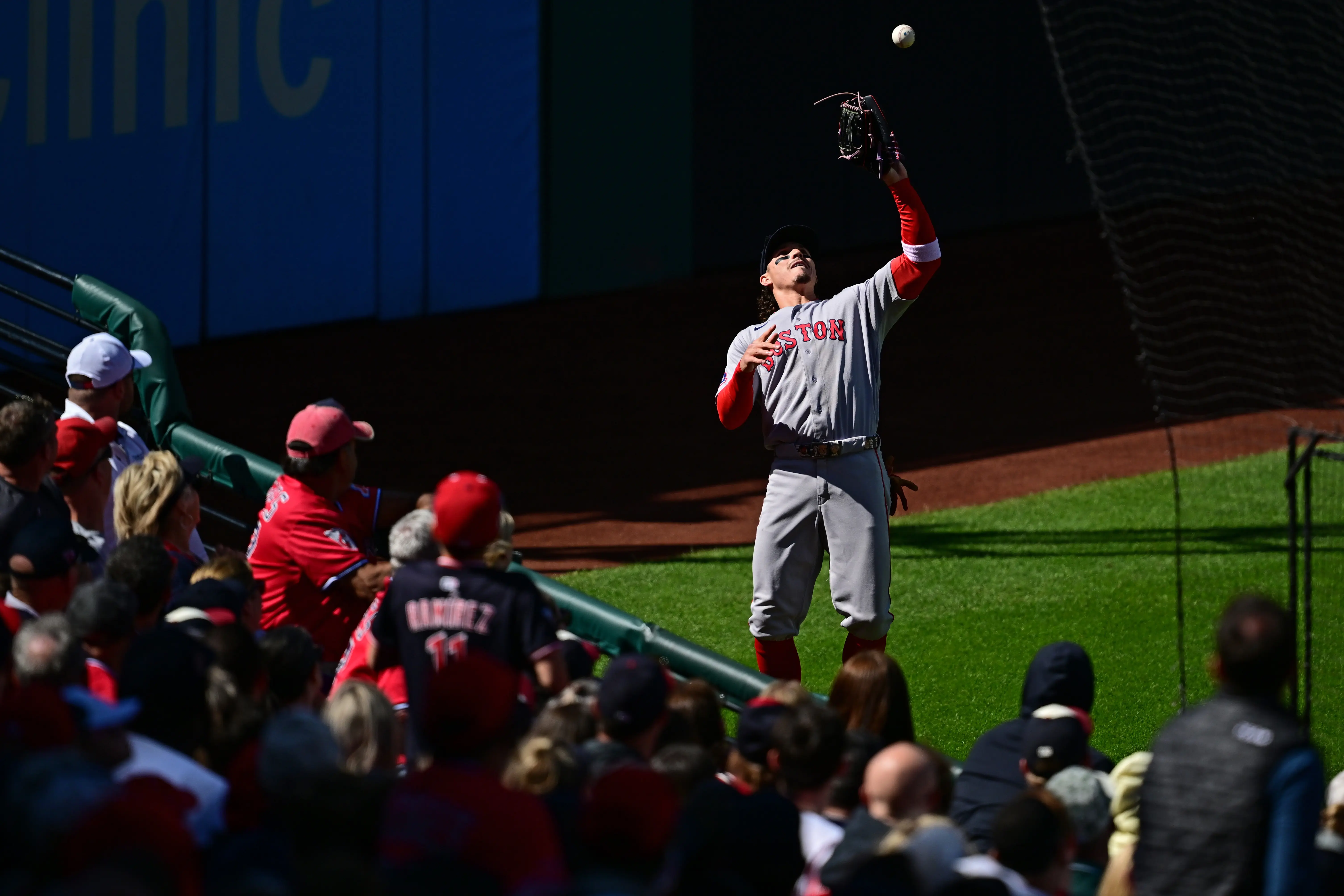 Boston Red Sox left fielder Jarren Duran catching a fly ball during the first inning vs the Cleveland Guardians at Progressive Field in Cleveland, Ohio on May 30, 2026.