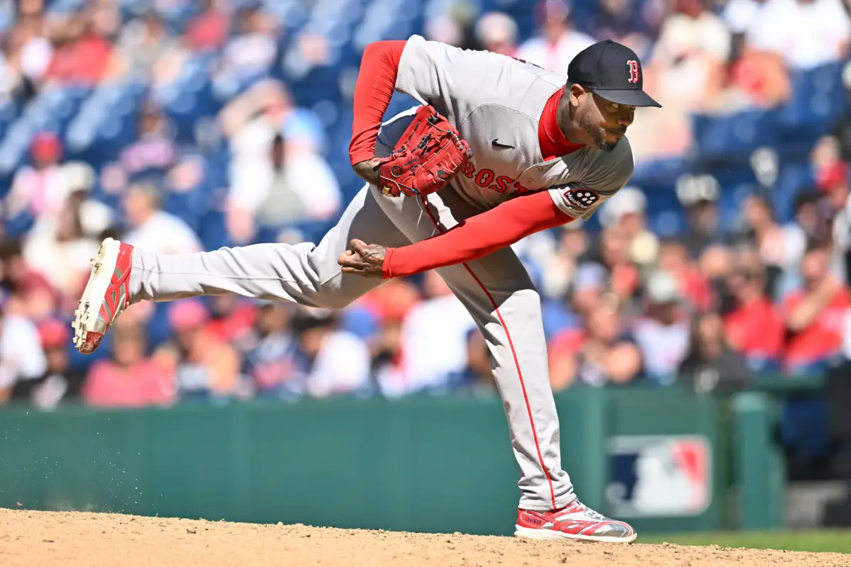 Boston Red Sox closer Aroldis Chapman pitching during the ninth inning against the Cleveland Guardians at Progressive Field in Cleveland, Ohio on May 31, 2026.
